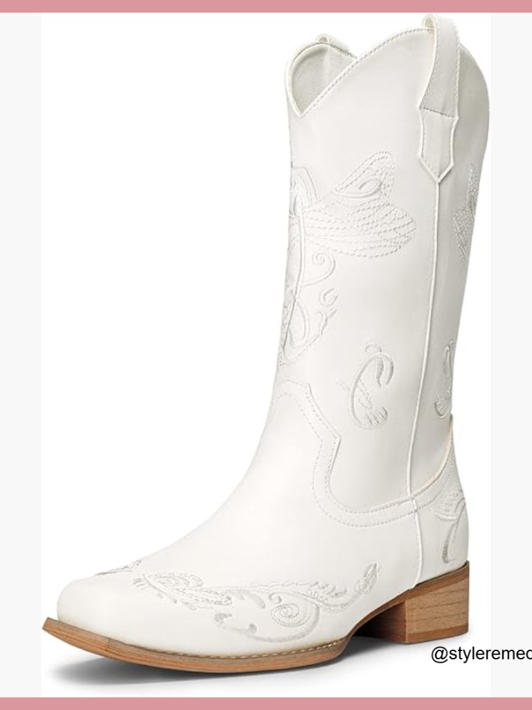 Square Toe Cowgirl Boots With Embroidered Stitch, Pull On Mid Calf Western Boots